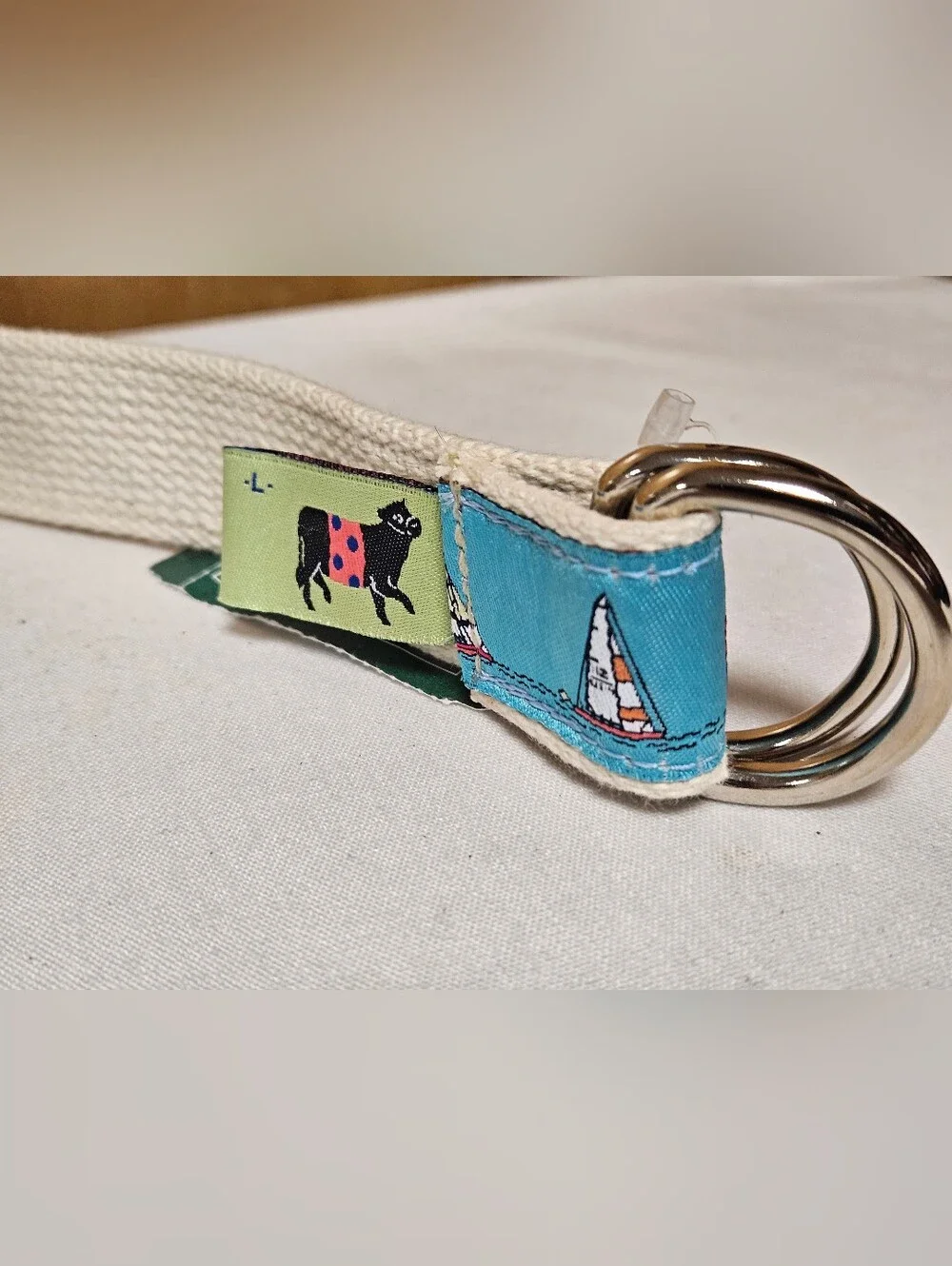 The Belted Cow Sail Boat Ship Blue Canvas Belt Men Size L Nautical L.L. BEAN